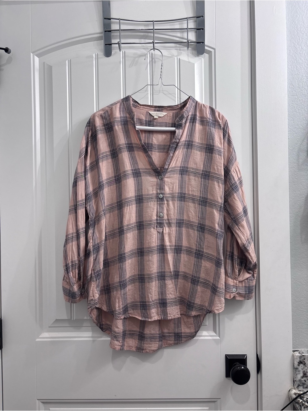 Lucky Brand Pink Plaid Split-Neck Button Tunic